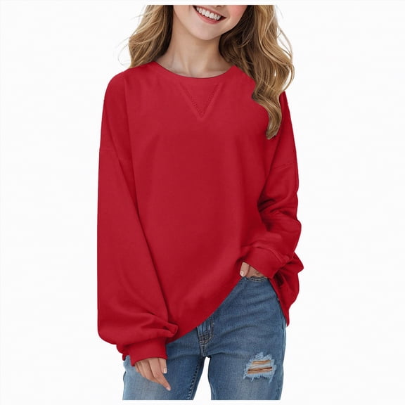 Ccpelsie Girls Long Sleeve Sweatshirts Kids Casual Crewneck Loose Fit Pullover for Toddler(Red,B)