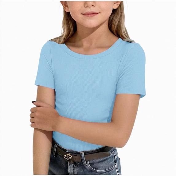 Ccpelsie Girls Short Sleeve Cotton T-Shirts Summer Solid Basic Tees Tops for Kids Light Blue,5-6 Years