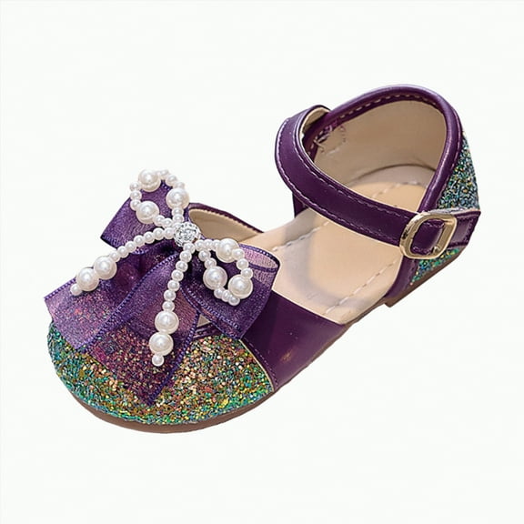 Ccpelsie Girls Sparkle Princess Dress Shoes Bow Wedding Party Flower Bridesmaids Mary Jane Ballet Flats for Kid Toddler(Dark Purple,9)