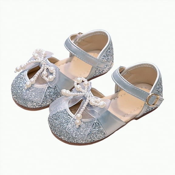 Ccpelsie Girls Sparkle Princess Dress Shoes Bow Wedding Party Flower Bridesmaids Mary Jane Ballet Flats for Kid Toddler(Silver,7)