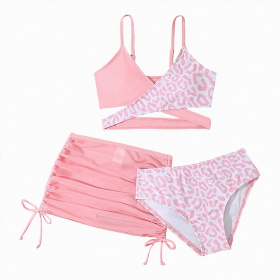 Ccpelsie Girls Spring Summer Cotton Touch Swimsuit Gentle Non Irritating Two-Piece Set Cover-Up Skirt Vacation Must Have（A01-Pink,9-10 Years)