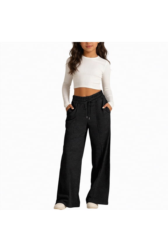 Girls Straight Leg Casual Pants Baggy Fit Lounge Sweatpants Elastic Waist Soft Joggers with Pockets Spring Everyday Wear(A01-Black,10-12 Years)
