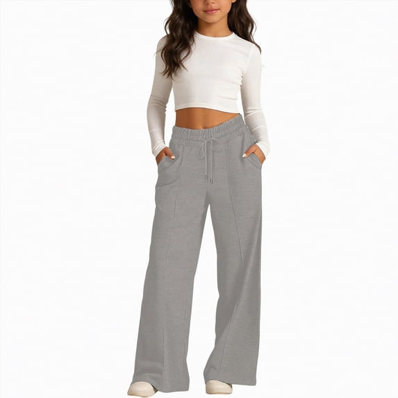 Ccpelsie Girls Straight Leg Casual Pants Baggy Fit Lounge Sweatpants Elastic Waist Soft Joggers with Pockets Spring Everyday Wear(A01-Grey,4-6 Years)