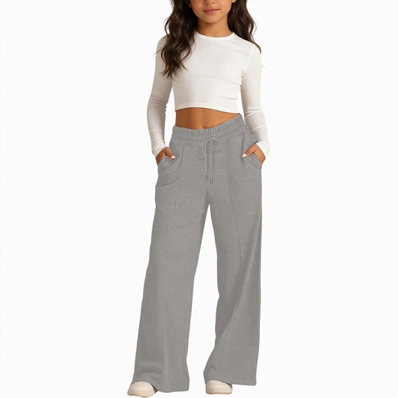 Ccpelsie Girls Straight Leg Casual Pants Baggy Fit Lounge Sweatpants Elastic Waist Soft Joggers with Pockets Spring Everyday Wear(A01-Grey,4-6 Years)