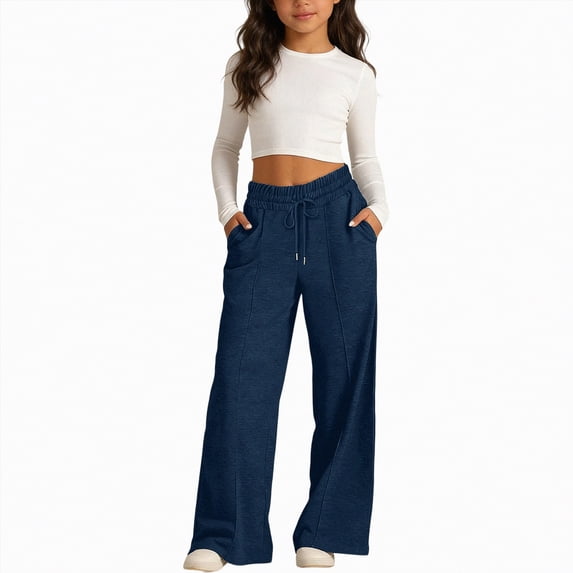 Ccpelsie Girls Straight Leg Casual Pants Baggy Fit Lounge Sweatpants Elastic Waist Soft Joggers with Pockets Spring Everyday Wear(A01-Navy,6-8 Years)