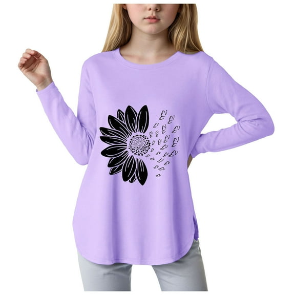 Ccpelsie Girls Striped Thumb Hole Long Sleeve Shirts Kids Crewneck Tunic Tops Curved Hem Tees(Purple,11-12 Years)