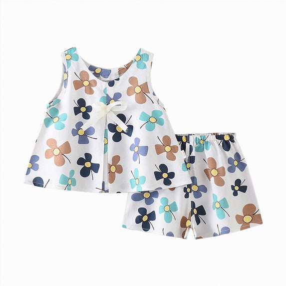 Ccpelsie Girls Summer 2 Piece Outfits Butterfly Bow Sleeveless Tunic Tops and Floral Print Shorts Cute Clothes(Light Green,4-5 Years)
