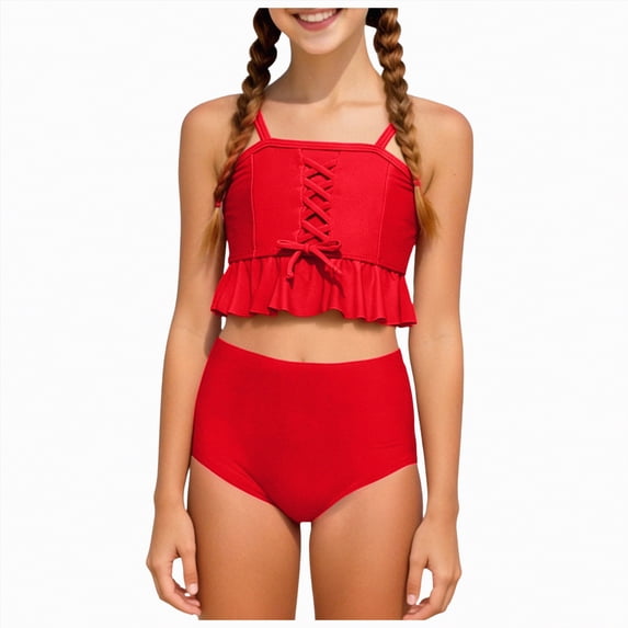 Ccpelsie Girls Summer Swimsuit Color Block Tankini Ruched Swimwear Set Two Piece Beach Bathing Suit(Red,13-14 Years)