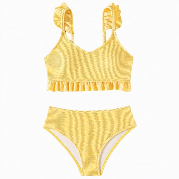 Ccpelsie Girls Swimsuit Kids Cut Out Swimwear 2 Piece Solid Color Tankini for Girls Bathing Suit(Yellow,13-14 Years)