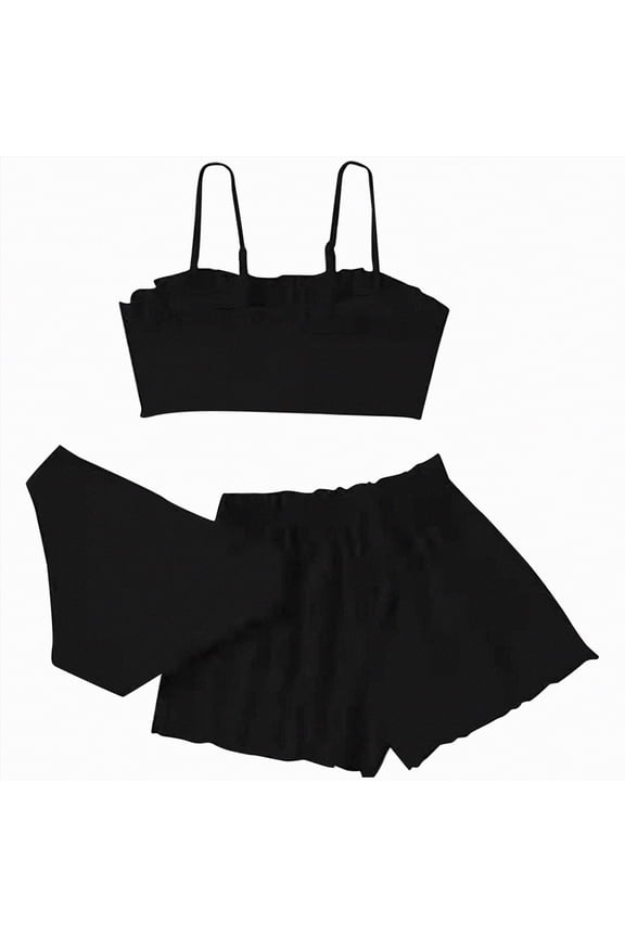 Girls Swimsuit Set Color Block Tankini Swimsuit Quick Dry 2 Piece Bathing Suit for Girls Teens Swimwear Summer(Black,14-16 Years)