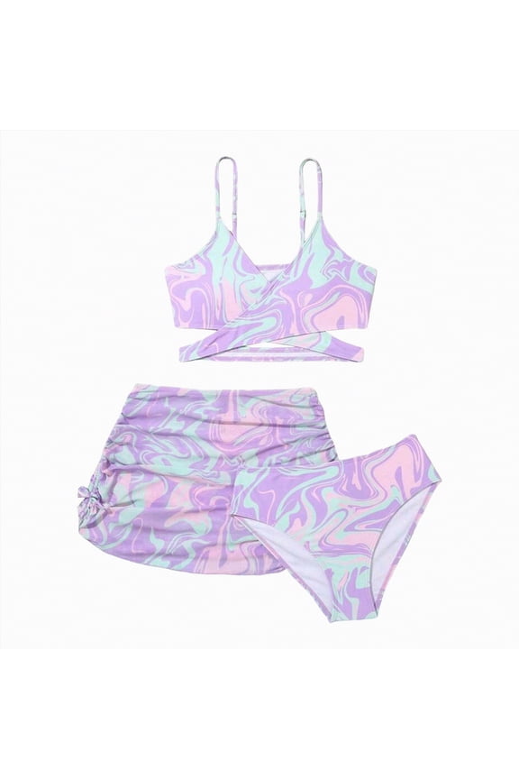 Girls Swimwear Summer 3-Piece Swimsuit Set Swimsuit Skirt Vacation-Style Kids Wear（Multicolour,14-15 Years)