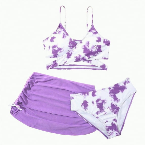 Ccpelsie Girls Swimwear Summer 3-Piece Swimsuit Set Swimsuit Skirt Vacation-Style Kids Wear(Purple,8-9 Years)