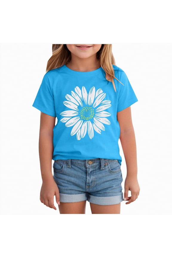 Girls T-Shirts Short Sleeve Shirt for Girls Tees Kids T-shirts Clothes Casual Summer Tops(Blue,5-6 Years)