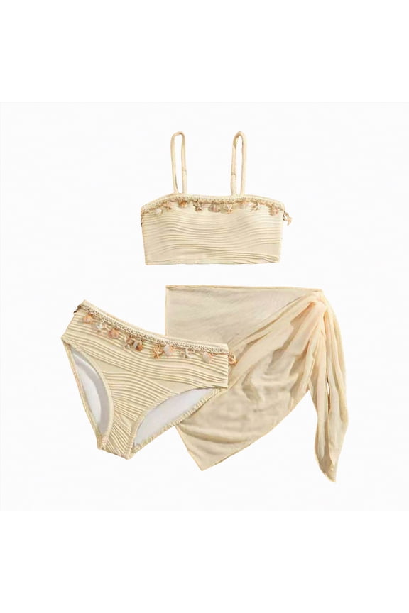 Girls Tankini Swimsuit 2-Piece Ruffle Bathing Suits Kids Beach Swimwear Sets(Beige,8-9 Years)