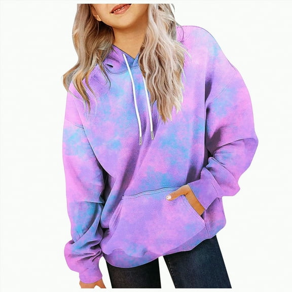 Ccpelsie Girls Tie Dye Sweatshirts Loose Casual Hoodies Long Sleeve Pullover Hooded Tops With Pockets(Dark Purple,11-12 Years)