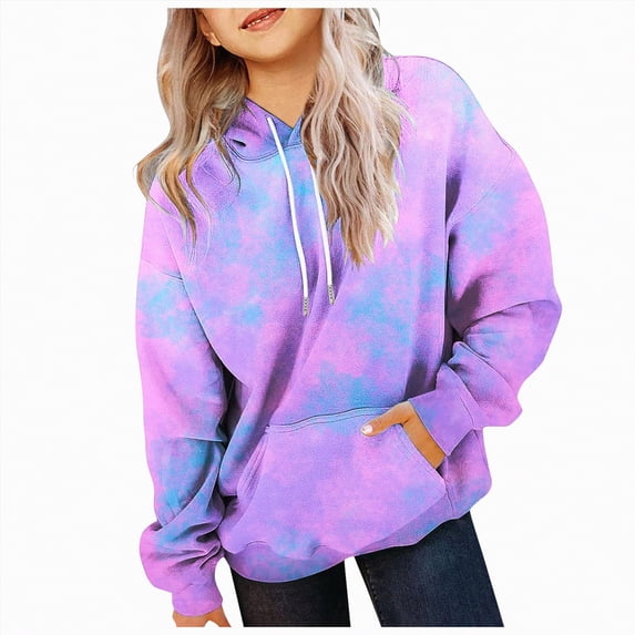 Ccpelsie Girls Tie Dye Sweatshirts Loose Casual Hoodies Long Sleeve Pullover Hooded Tops With Pockets(Dark Purple,5-6 Years)