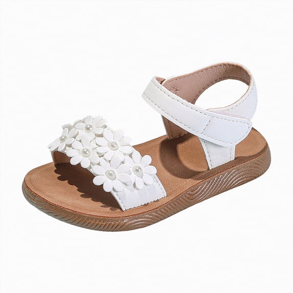 Ccpelsie Girls Toddler/Little Kid Open-Toe Flower Summer Dress Sandals Shoes for Casual(Beige,4.5)