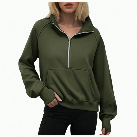 Ccpelsie Half Zip Sweatshirt Women Oversized Fleece Pullover Zipped Cute Sweatshirts with Pockets(AG,S)
