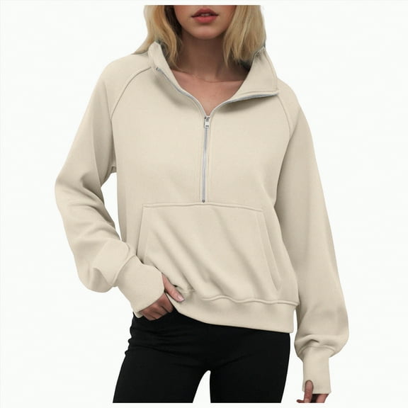 Ccpelsie Half Zip Sweatshirt Women Oversized Fleece Pullover Zipped Cute Sweatshirts with Pockets(Beige,S)