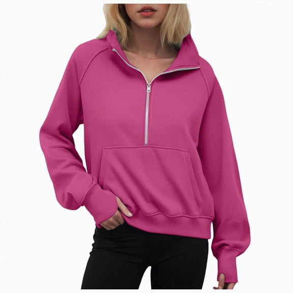 Ccpelsie Half Zip Sweatshirt Women Oversized Fleece Pullover Zipped Cute Sweatshirts with Pockets(Hot Pink,L)