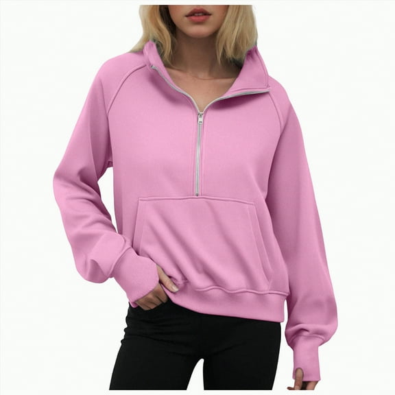 Ccpelsie Half Zip Sweatshirt Women Oversized Fleece Pullover Zipped Cute Sweatshirts with Pockets(Pink,L)