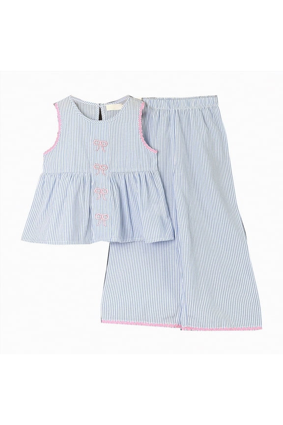 Kid Girls Clothes Outfits Cute Sweet Bowknot Print T-Shirt and Bowknot Denim Short Summer Clothing Set(Blue,4-5 Years)