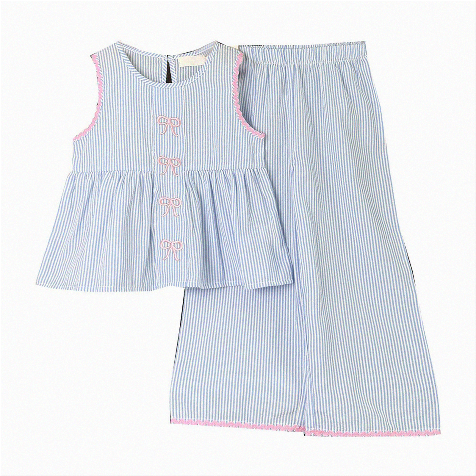 Kid Girls Clothes Outfits Cute Sweet Bowknot Print T-Shirt and Bowknot Denim Short Summer Clothing Set(Blue,6-7 Years)
