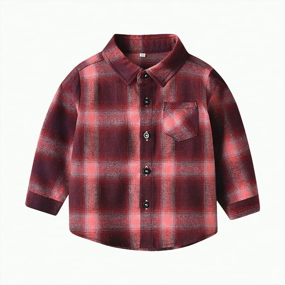 Ccpelsie Kids Classic Plaid Long Sleeve Shirt Comfortable Casual Button Down Checked with Chest Pocket for Big/Little Boys or Girls(Brick Red,12-18 Months)