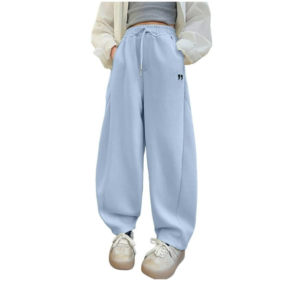 Ccpelsie Kids Girls Wide Leg Pants Casual Loose Drawstring Summer Athletic Joggers with Pockets Beach Vacation Clothes(Blue,10-12 Years)