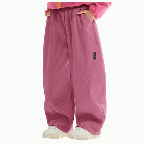 Ccpelsie Little/Big Girl's Barrel Leg Sweatpant Drawstring Elastic Waisted Wide Leg Pants Casual Cotton Trousers with Pockets for Kids(Hot Pink,6-7 Years)