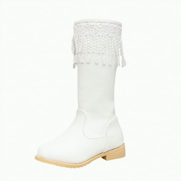 Ccpelsie Little/Big Girls Knee-High Fashion Boot Side Zipper and Buckle Boots For Toddler Winter Warm Shoes(White,11.5)