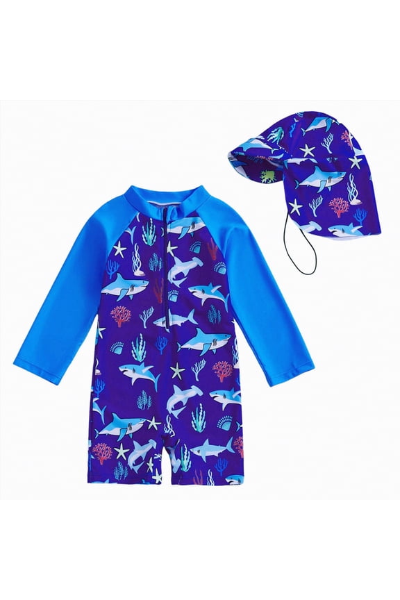 Little Boys Swim Set - 2 Piece Swim Trunks and Rash Guard for Boys Kids Swimwear Set(Blue,3-4 Years)