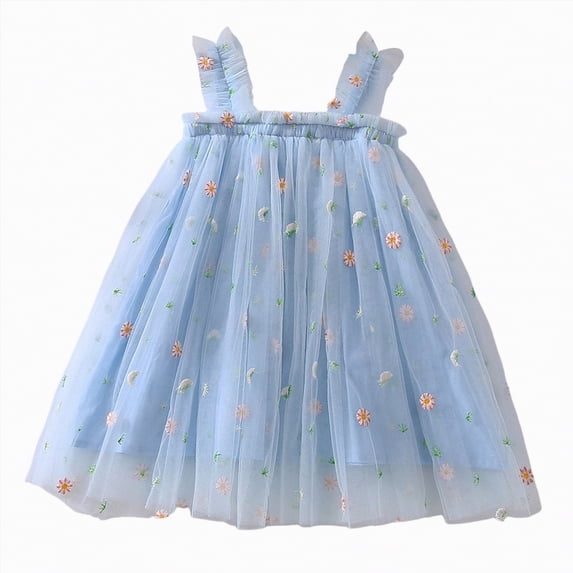 Ccpelsie Little Flower Girl Tulle Tutu Dress Cotton Ribbed Birthday Wedding Party Princess Dresses(Blue,5-6 Years)