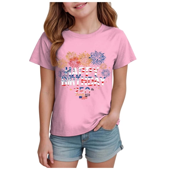 Ccpelsie Little Girls T-Shirts 250 Years American 1776-2026 250th USA Trendy Print Patriotic 4th of July T-Shirt for Kids Boy(Pink,11-12 Years)