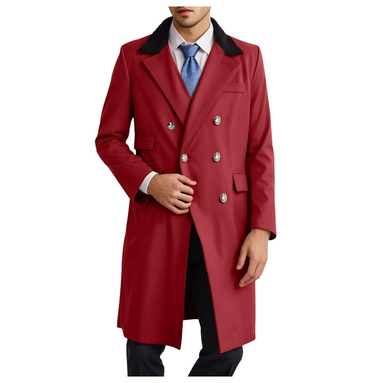 Ccpelsie Men s Wool Blend Coat with Detachable Plaid Scarfs Notched Collar Single Pea Coat Trench Overcoat Red L Walmart