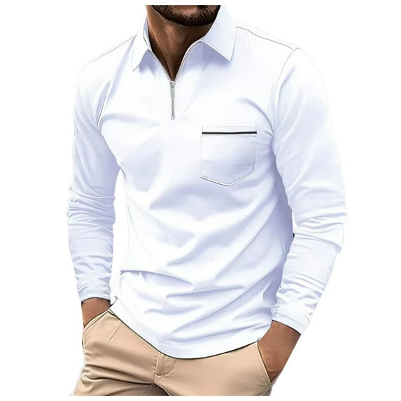 Ccpelsie Mens Henley Long Sleeve T-Shirt Tops Cotton Casual Shirt Casual Slim Fit Polo Shirts Lapel Neck Tops Work Solid Color Pullover Z5-White,XXL