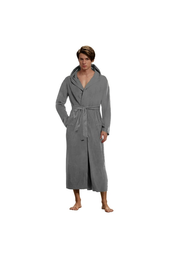 Mens Plush Fleece Robe, Cozy Warm Bathrobe Fuzzy Male Spa Long Robe With Pockets(Grey,S)