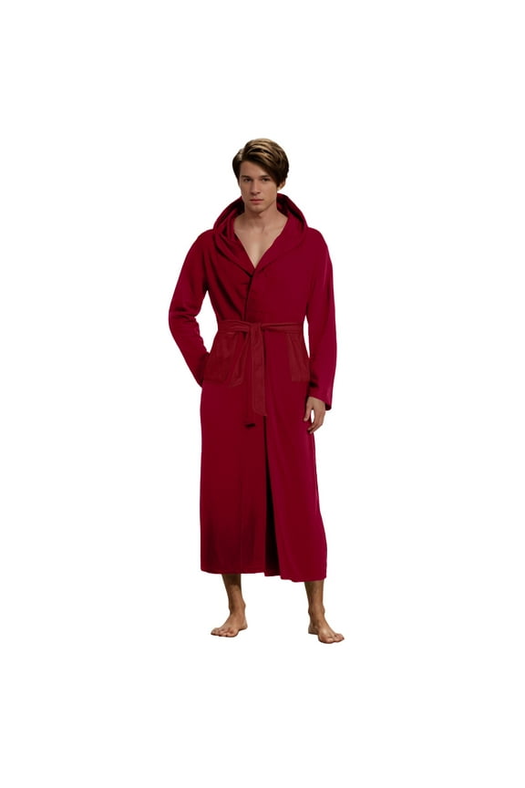 Mens Plush Fleece Robe, Cozy Warm Bathrobe Fuzzy Male Spa Long Robe With Pockets(Red,L)