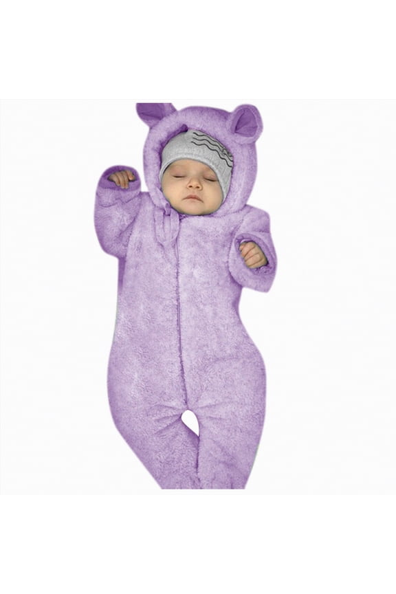 Newborn Baby Bear Fleece Outfit Footie Jumpsuit Winter Romper Snowsuit outfit Bear Suit Warm Hooded Outfits(Purple,6-12 Months)
