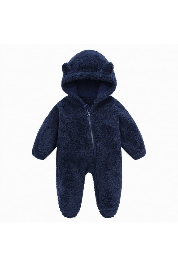 Newborn Baby Bear Outfit Suit Girls Boys Fleece Jumpsuit Romper Hooded Winter Snowsuit Clothes(Navy,6-9 Months)