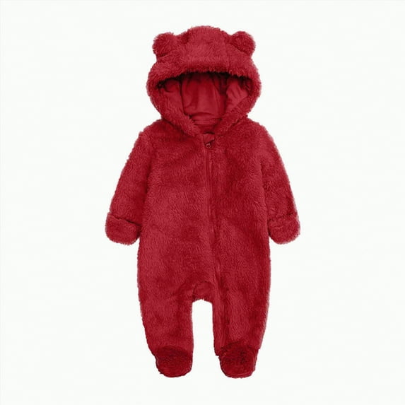 Ccpelsie Newborn Baby Fleece Jumpsuit Girls Boys Winter Hooded Coverall Romper Cute Baby Snowsuit Clothes(Red,0-3 Months)
