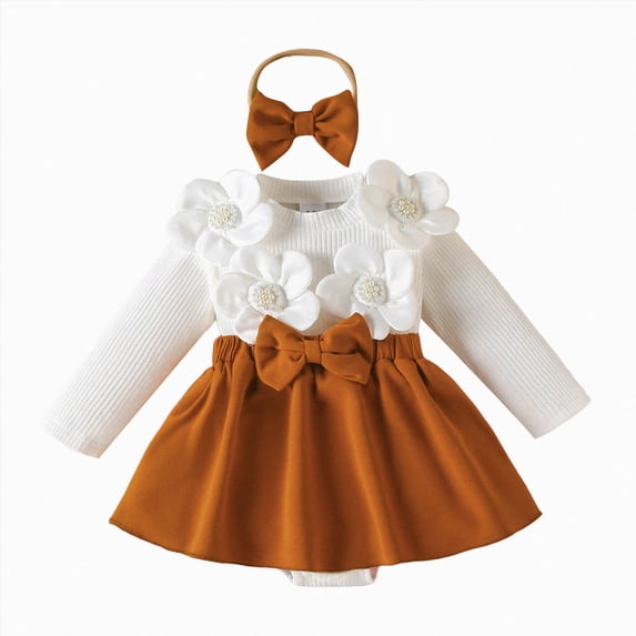 Ccpelsie Newborn Baby Girl Fall Winter Outfits Infant Ribbed Romper Dress Ruffle Long Sleeve Clothes Jumpsuit(Coffee,12-18 Months)