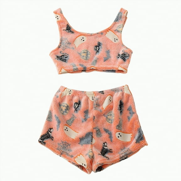 Ccpelsie Women's Halloween Sleepwear Cute Funny Print Cami Top and Shorts Pajama Set(Orange,S)