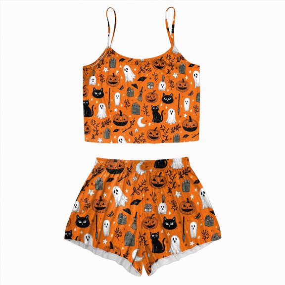Ccpelsie Halloween Pajamas Set Sleepwear Womens Soft Comfy Cami Top Shorts Set Nightwear(Orange,XL)