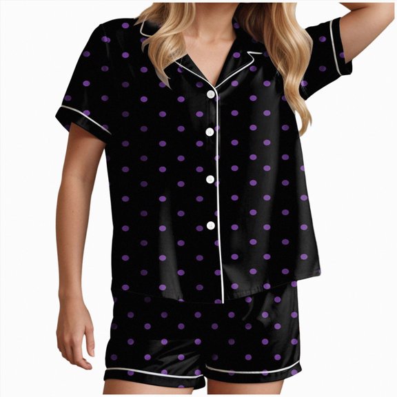 Ccpelsie Womens Halloween Pajamas Set Pumpkin Print Short Sleeve Button Down 2 Piece Loungewear Sets Sleepwear(Purple,S)