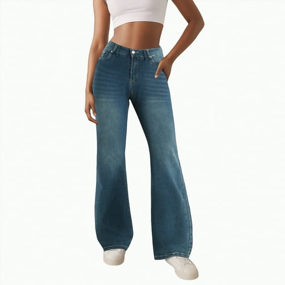 Ccpelsie Straight Leg Jeans for Women High Waisted Stretchy Frayed Raw Hem Loose Denim Pants Casual Baggy Jean Trousers(Navy,L)