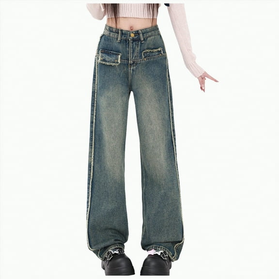 Ccpelsie Straight Leg Jeans for Women High Waisted Wide Leg Loose Microelastic Boyfriend Denim Pants(Blue,XXXL)