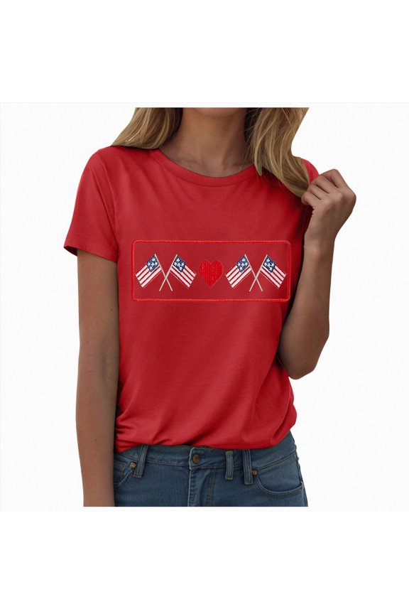 Summer Tops for Women 4th of July Patriotic Shirt Funny USA Flag Stars Stripes Shorts Sleeve(Red,M)