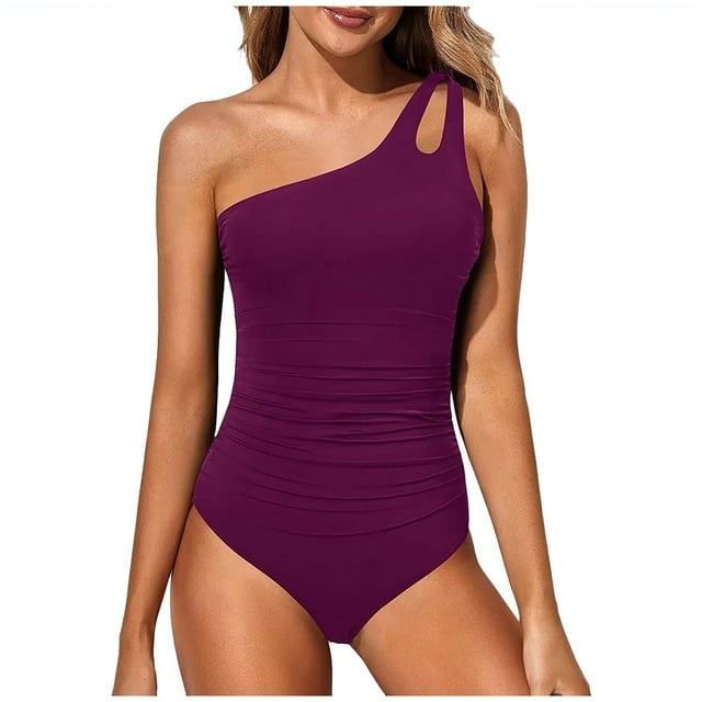 Ccpelsie Tankini Swimsuits For Women One Shoulder Tummy Control Keyhole Bathing Suits Swim Top with Bottom Modest Swimwear(Purple,L)