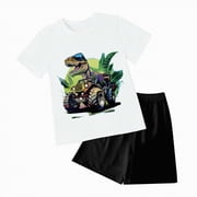 Ccpelsie Toddler Boy Dinosaur Shorts Set - 2 Piece Short Sleeve T-Shirt and Shorts for Boys - Toddler & Little Boys Summer OutfitsA01-White,5-6 Years